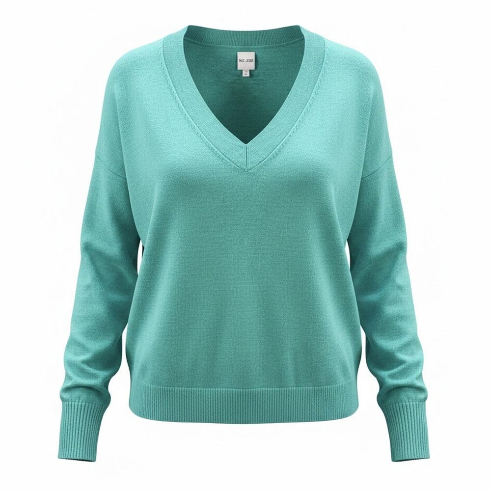 Nic+Zoe Pullover Soft Sweater Green Deep V-Neck Preppy XLarge